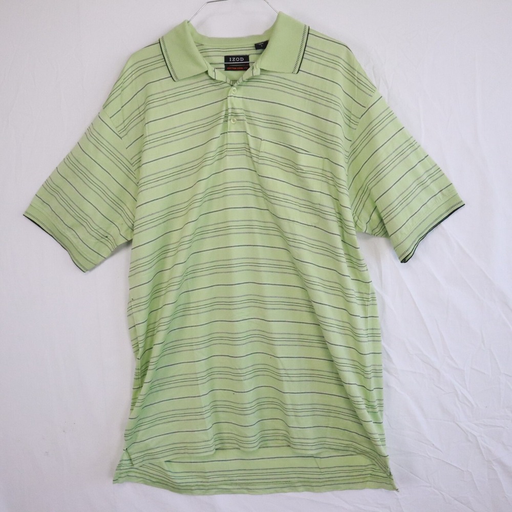IZOD Golf Polo Shirt Mens Large Cotton Cool-FX Casual Green Striped Short Sleeve